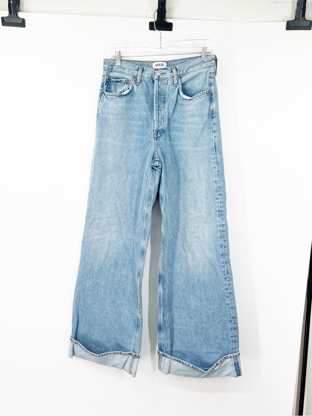 Agolde Dame High Rise Wide Leg Cuffed Jeans Light Wash Button Fly